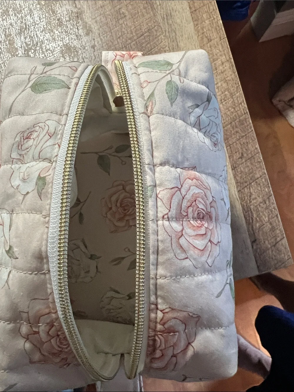 Floral Quilted Cosmetic Pouch in Blush Rose